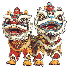 Dragon and lion dance, New Year, vector, transparent background, festival, Asia, culture