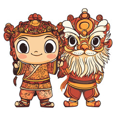 Dragon and lion dance, New Year, vector, transparent background, festival, Asia, culture
