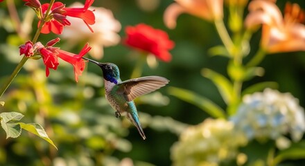 Hummingbird feeding on red flower nectar in natural garden setting