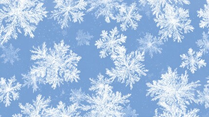 Delicate snowflakes drift down against a soft blue backdrop, creating a peaceful winter ambiance. The intricate designs of the snowflakes enhance the tranquil scene.