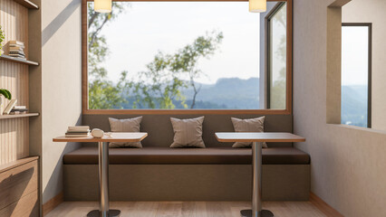 Wooden stool table and long bench with cushion pillows under glass window aside bookshelf in a cafe.
