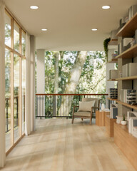 Wooden armchair and side table beside large bookshelf in a parquet floor veranda or porch of a house