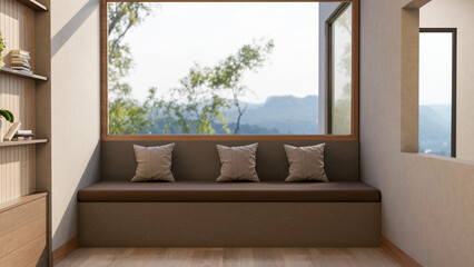 Fototapeta premium Leather long bench with cushion pillows under wide glass window aside bookshelf in wooden floor room