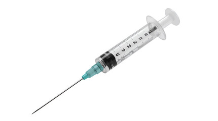 Fototapeta premium Medical syringe with teal cap and needle showing measurements on black background Keywords: syringe, medical, healthcare, injection isolated on a transparent background