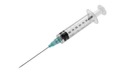 Medical syringe with teal cap and needle showing measurements on black background Keywords: syringe, medical, healthcare, injection isolated on a transparent background