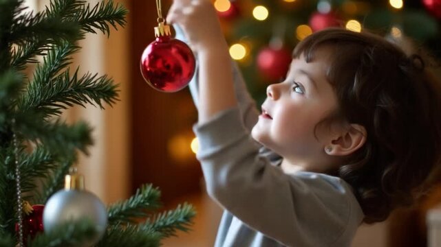 Kid hangs Christmas ornaments on Christmas tree at cozy home. Preparing house for Holiday season.