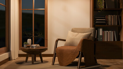 Fototapeta premium Wooden chair with pillow and blanket with table aside window and bookshelf in living room or library