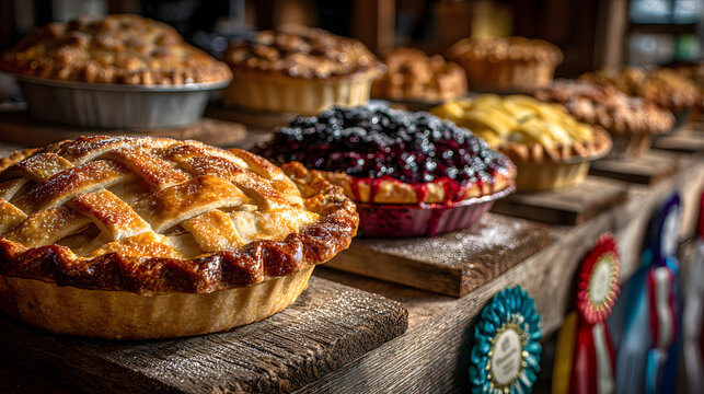 Colorful pies displayed at a fresh pie contest table Generative AI
