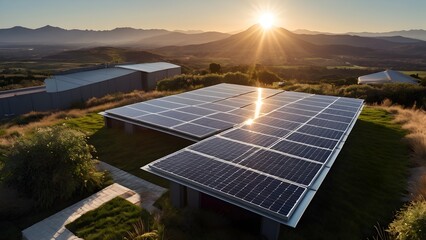 Photovoltaic solar power panel in the field green clean Alternative power energy concept