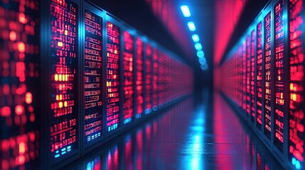 Obraz premium Red Blue Light Data Center Corridor: Futuristic Server Array