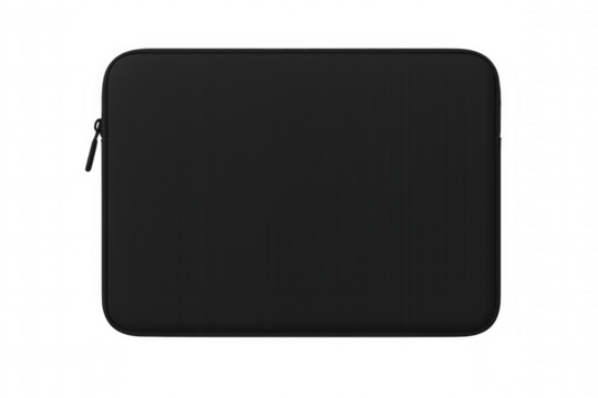 Black laptop sleeve providing protection for portable electronic devices with zipper closure on transparent background