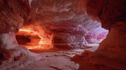 Colorful salt formations create a mesmerizing landscape in this cave, with light highlighting the pink, orange, and purple hues amidst natural textures and structures.