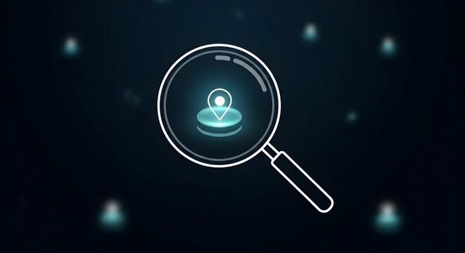 A magnifying glass focuses on a glowing location pin, suggesting digital mapping or location-based services.