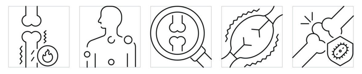 Joint pain icons set. Symbols related to bones and joint. Vector editable stroke.