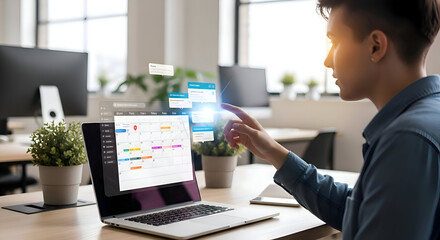 Young man uses digital calendar interface