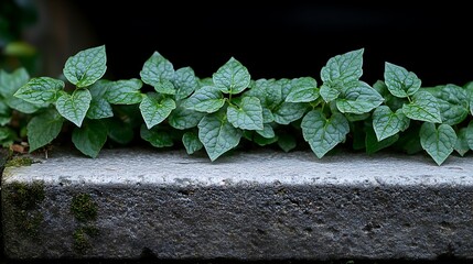 Vibrant Cluster of Green Leaves (Visible Veins) Growing on Textured Concrete/Stone Surface (With Hints of Moss): Dark, Out-of-Focus Background Highlights the Foliage