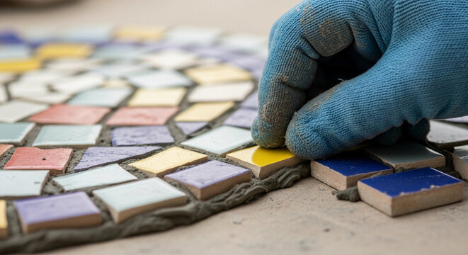 Close-up of a person's gloved hand carefully placing colorful mosaic tiles onto a surface, showcasing a creative DIY home improvement project and artistic craft