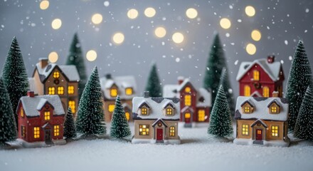 Naklejka premium Miniature christmas village scene with snow and lights