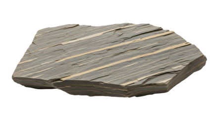 A piece of gray schist rock with white stripes isolated on transparent background, showcasing its metamorphic texture and geological formation