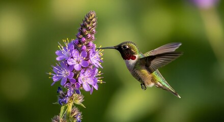 Fototapeta premium Hummingbird hovering near purple flowers pollinating in natural habitat