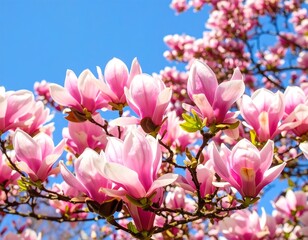 Spring magnolia blossoms against a vibrant blue sky