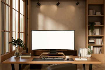 White screen laptop aside books and vase on wooden table across sofa and bookshelf in a living room.