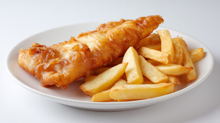 出来立て熱々のフィッシュアンドチップスを白皿に乗せたシンプルな料理写真