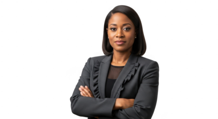 A professional african american businesswoman in a suit with her arms crossed, isolated on transparent background