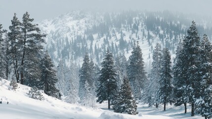 A winter landscape features snow-draped evergreen trees with a serene atmosphere. Distant mountains are partially obscured by thick fog, creating a tranquil scene.