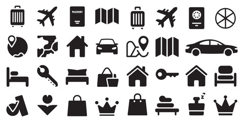 Solid black silhouette icon set of lifestyle and miscellaneous elements, including airplane, suitcase, taxi, car and more, bold flat vector shapes, clean modern style, professional design