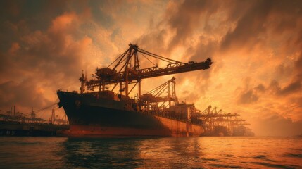 Obraz premium Majestic Cargo Ship Docked at Sunset with Dramatic Sky and Industrial Crane Silhouettes