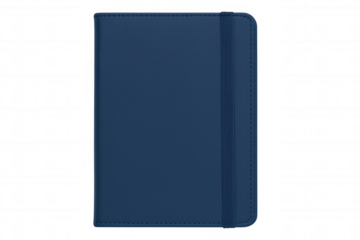 Blue notebook with elastic band, closed planner on transparent background, diary for writing and organizing ideas