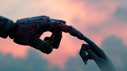 Futuristic Robot Hand and Human Finger Touching in Digital Landscape