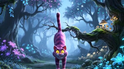 mystical cheshire cat with glowing eyes in fantasy forest - Powered by Adobe