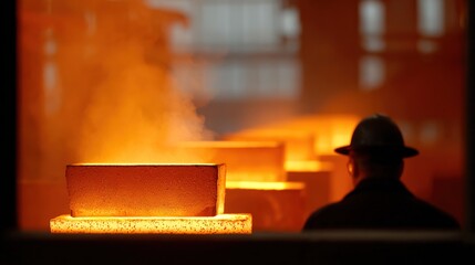 Worker in Foundry Overseeing Molten Metal in Industrial Workshop