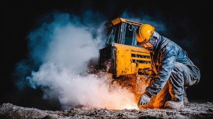 Construction Worker Welding with Sparks at Night in Industrial Scene