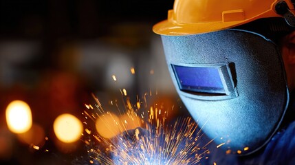 Welder Working on Metal Fabrication with Protective Gear and Sparks