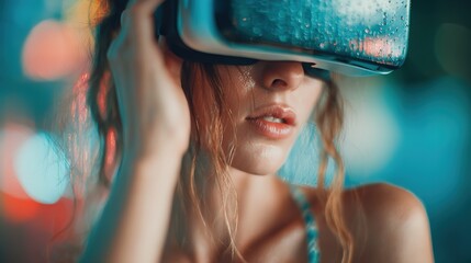 Stylish Woman Experiencing Virtual Reality with Futuristic Headset