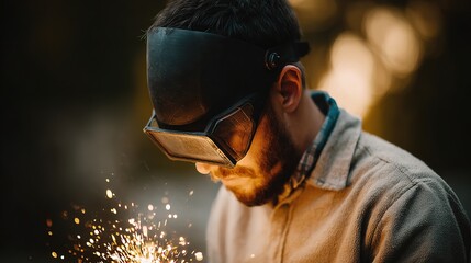 Close-Up of Welder Concentrating on Sparks in Outdoor Setting