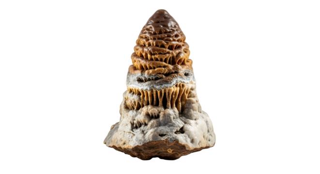 Unique stalagmite formation isolated on transparent background, showcasing intricate layers and earthy tones, a testament to natures slow and steady artistry