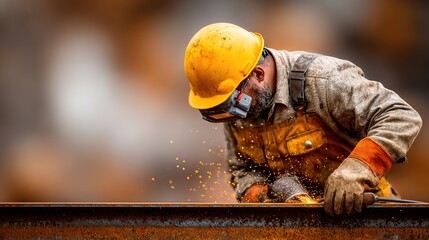 Worker in Protective Gear Grinding Metal with Sparks Flying