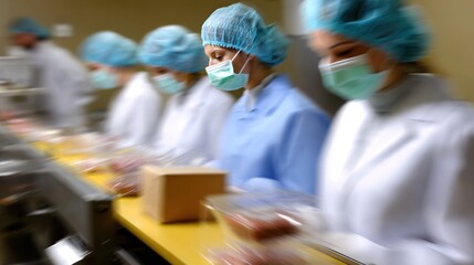 Professionals in Cleanroom Gowns Working on Food Production Line