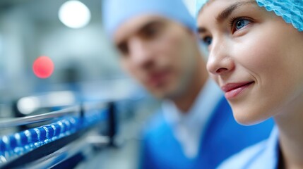 Professional Female Worker in Clean Room with Male Colleague Nearby