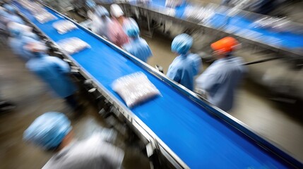 Workers on Assembly Line in Factory with Conveyor Belt Activity