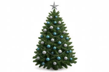 Christmas tree decorating branches, silver star, blue and white ornaments, festive season, holiday celebration, transparent background
