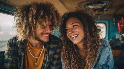 A happy couple with curly hair sits closely inside a vintage van, sharing joyful moments together during their adventurous road trip in a natural setting, surrounded by vibrant energy.