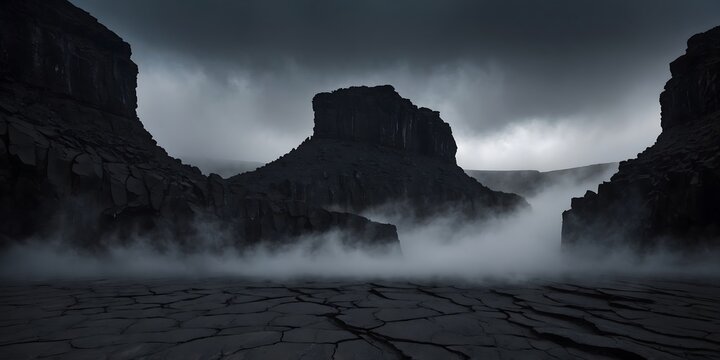 Paisaje monta&ntilde;oso oscuro con niebla densa entre ca&ntilde;ones al amanecer dram&aacute;tico