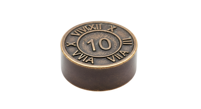 Closeup of a bronze coin with roman numerals and the number 10 isolated on transparent background, showcasing its intricate design and historical value