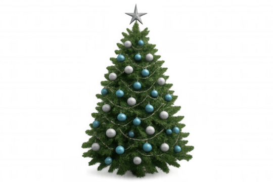 Christmas tree decorating branches, silver star, blue and white ornaments, festive season, holiday celebration, transparent background