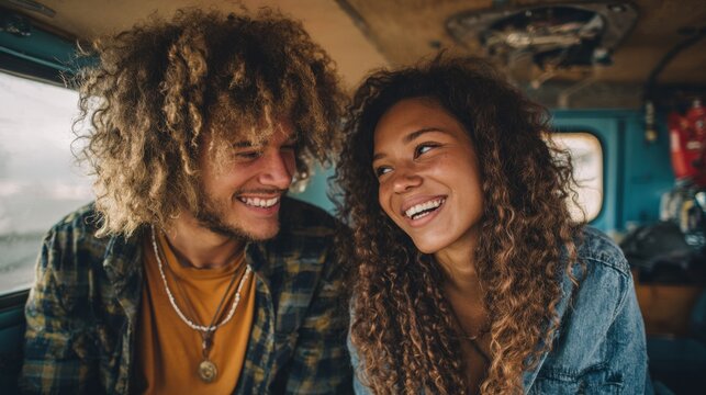 A happy couple with curly hair sits closely inside a vintage van, sharing joyful moments together during their adventurous road trip in a natural setting, surrounded by vibrant energy.